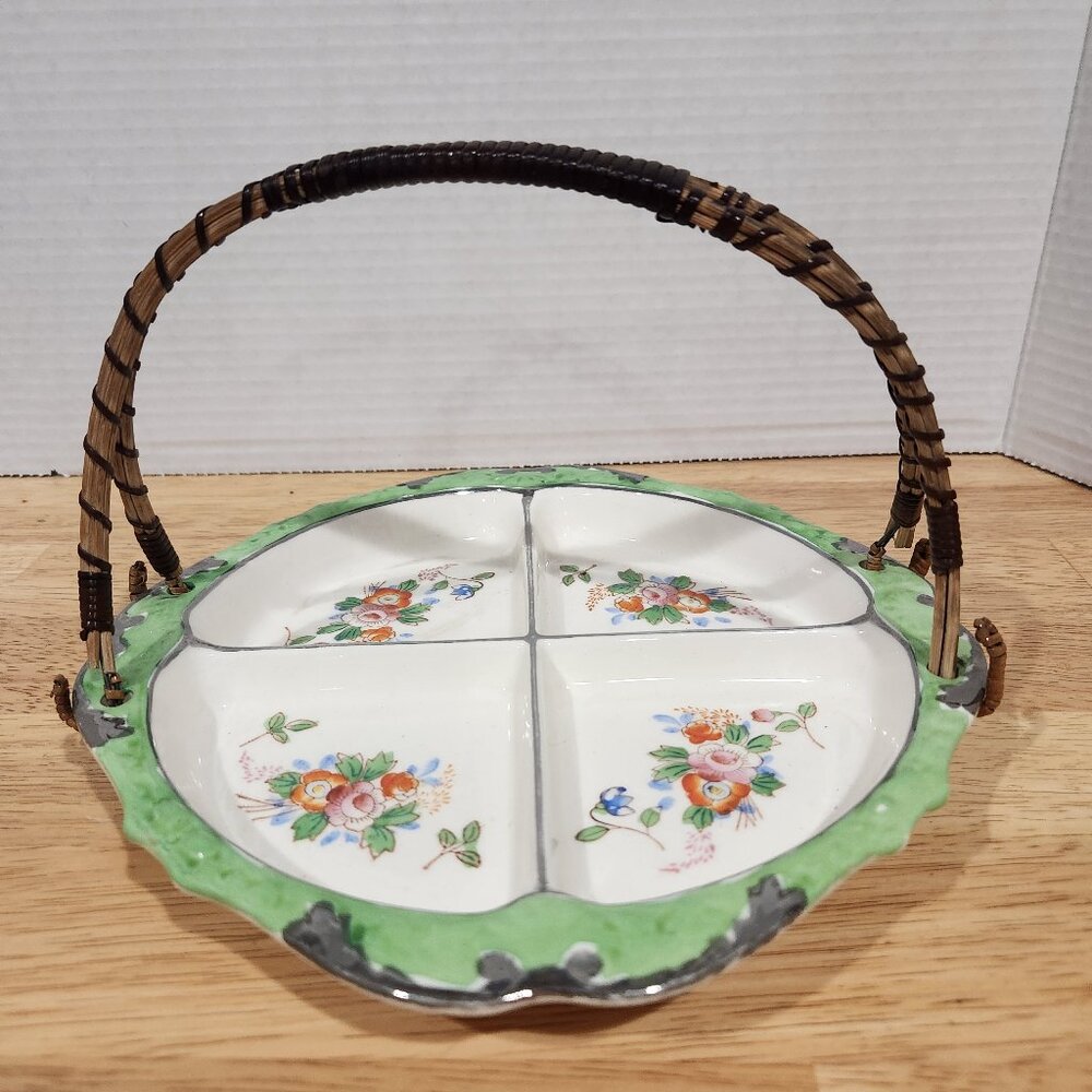 Vintage Japanese Moriyama Hand Painted 4 Section Divided Dish Wicker Handle 9.5"